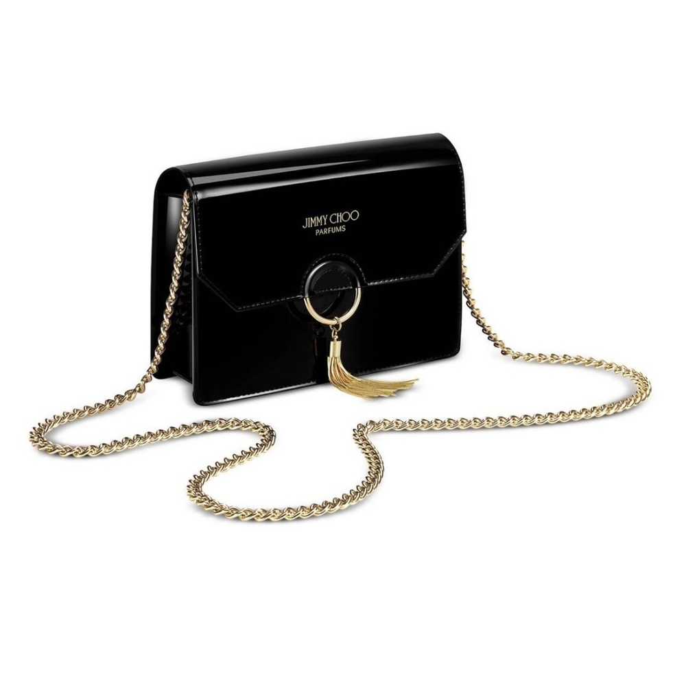 new Jimmy Choo Black Patent Leather Crossbody Purse Handbag Gold Tassel Parfums